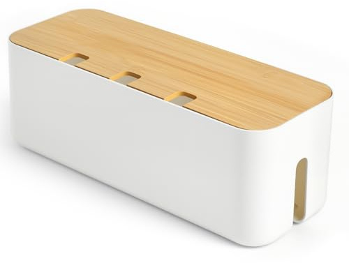 Osrioal Cable Tidy Box, Large Cable Management Organiser Box | Bamboo Lid, for Hiding Messy Cables Wire Management for Office and Home Daily Use 14.2x 5.1x 5.1（White）