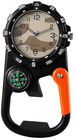 JewelryWe Outdoor Carabiner Clip Watch: Black Arabic Numerals Time Scale Analog Quartz Compass Fob Watches for Men Women Climbing Hiking Camping
