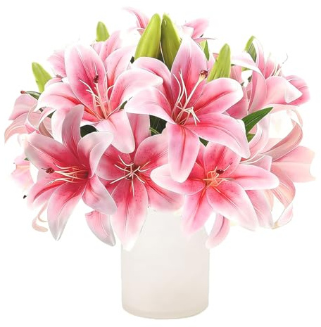 Punklong 6 Pcs Artificial Lilie Set,Short Stem Fake Flowers,Artificial Flowers with 12 Heads Fully Bloomed Lilies and 6 Buds for Office, Home Living Room, Wedding Party Decoration (Pink)