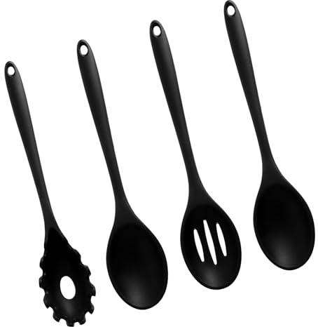 4-teilig Silikon Kochlöffel Set, 2 Rührlöffel + 1 Sieblöffel + 1 Spaghettilöffel aus BPA-freiem Silikon Hitzebeständige silikonlöffel für Antihaft-Pfannen, Küche & Camping für Kochen Backen RüHren