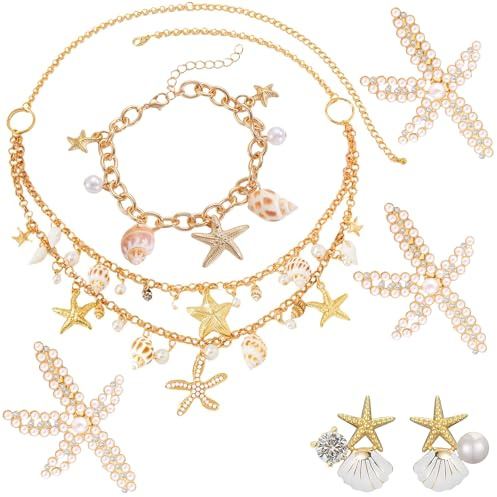 Cossaot Boho Collar de Conchas Marinas, Conjunto de Joyas de Estrellas de Mar, Playa de Conjunto de Joyas, Collar Conchas Mujer para Uso Diario y Ocasiones Especiales