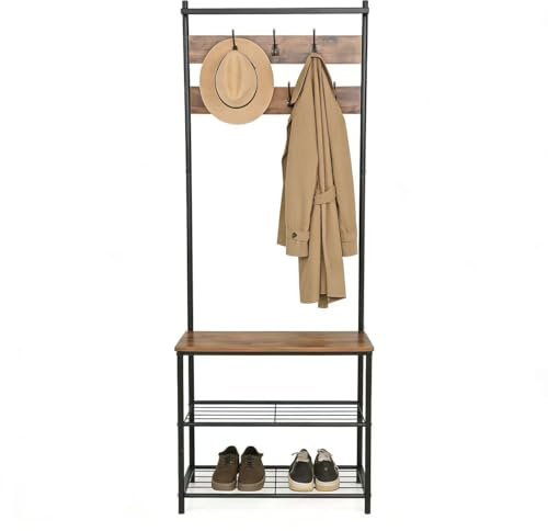 Efforias Hallway Coat Rack with Bench, Shoe Shelves and Hooks, Metal Frame, Rustic Brown and Black, 180 cm