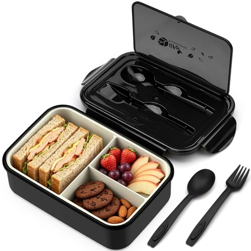 BIBURY Fiambrera, caja bento a prueba de fugas para niños adultos, recipiente para alimentos con 3 compartimentos y juego de cubiertos, lonchera comidas aptos para microondas y lavavajillas (Negro)
