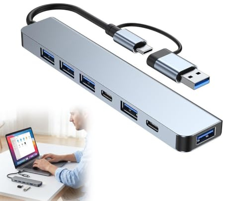 Hub USB 7 in 1, Hub USB C con Doppia Porta USB-A e USB-C, 1 USB 3.0, 4 USB 2.0 e 2 Porte USB-C Dati, Compatibile con Laptop, Tablet, Smartphone e PC, Multipresa USB Plug and Play