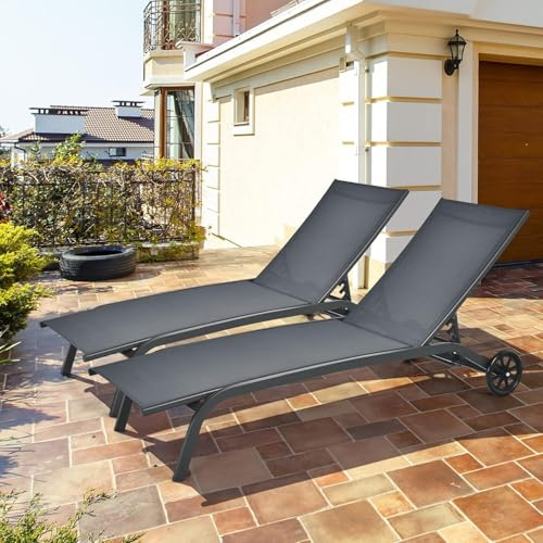 GOPLUS 2er Set Sonnenliege mit Rollen, Gartenliege wetterfest, Liegestuhl, Relaxliege mit 6-stufig Verstellbarer Rückenlehne, bis zu 150kg belastbar, Sonnenliege für Terrasse, Garten, Pool, Grau