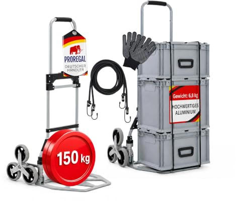 PROREGAL Klappbare Treppensackkarre Elephant | große Schaufel | Traglast 150kg | 6,8 kg leicht | Aluminium, Vollgummireifen Teleskopgriff 100 cm | Silber | Sackkarre Transportkarre für Treppen