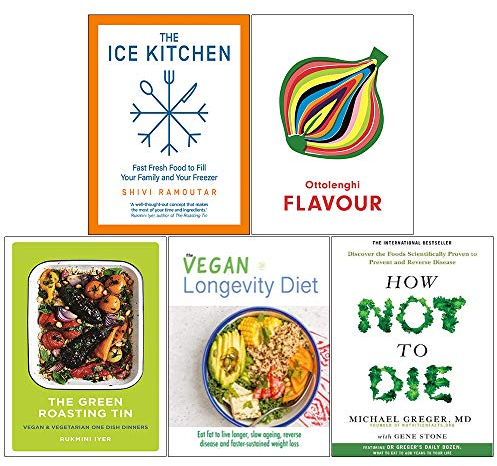 The Ice Kitchen [Hardcover], Ottolenghi FLAVOUR, The Green Roasting Tin [Hardcover], The Vegan Longevity Diet, How Not To Die 5 Books Collection Set