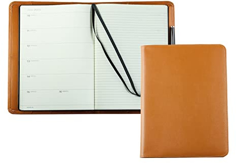 DELMON VARONE - Personalisierbares Kalenderbuch 2027 DIN B5 Boxcalf Leder Braun - Organizer Buch-Kalender (1 Woche 1 Seite) Hardcover - Notizbuch Wochenplaner Stiftschlaufe, Fächer & Merkband