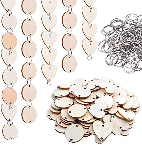 100 Stück Holzkreise Herzanhänger mit 2 Löchern und 100 Stück 10 mm Ringe für Geburtstagsfeiern, Valentinstag, Hausarbeitsplättchen, Kunst und Handwerk