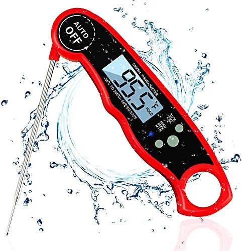 JRUFI Digitale Termometro Cucina Professionale con sonda Pieghevole Impermeabile Pieghevole e Design per Cibo, Barbecue, Carne, Tacchino, Grill Red