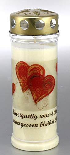 Grabkerze mit Spruch und Motiv Herz, (21x7,5 cm) Grablicht mit 7 Tage Brenndauer (3724), Wetterfestes Trauerlicht mit Deckel, Hochwertige Trauerkerze, Edle Gedenkkerze aus Deutschland