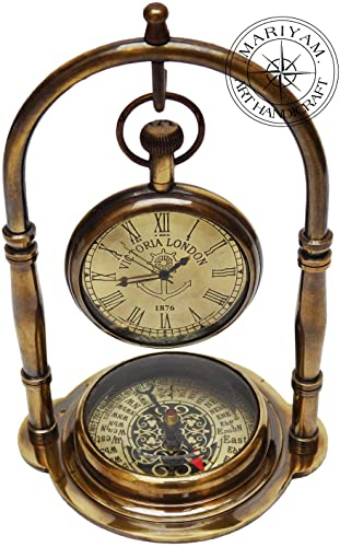 ANTIQUE HANDICRAFT HUB Nautical Clock Ship Table Clock Brass Desk Clock Maritime Brass Compass with Antique Victoria London Pocket Watch Brand