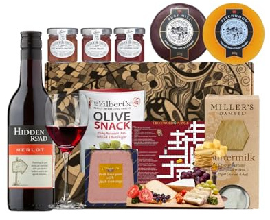 The Snowdonia Cheese and Red Wine Hamper Set - 2 Award Winning Cheeses, Snowdonia Rhubarb Gin and Pear Cognac Chutneys, Olives, Butter Milk Biscuits - Cheese Gift Set for both Men and Women