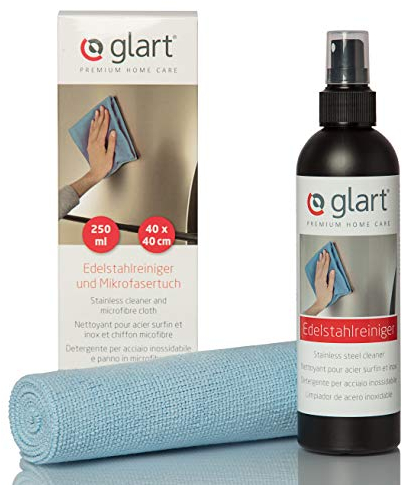 Glart 45ER Edelstahlreiniger 250 ml + Mikrofasertuch 40x45 cm – Fettlöser Set für Küche, Bad, Haushalt, streifenfrei für Edelstahlfront, Kühlschrank, Spüle, Herd, Grill, Made in Germany, im Faltkarton