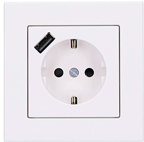 Jung SCHUKO USB-Steckdose Typ A (max. 3A) Komplett-Set Serie A: Steckdose A152018AWW und 1-fach Rahmen A5581BFWW Alpinweiß