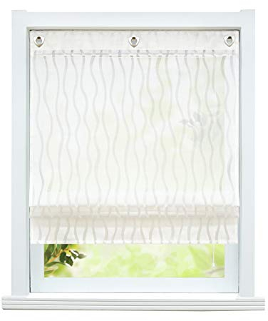 ESLIR Raffrollo ohne Bohren Raffgardine mit Ösen Gardinen Küche mit U-Haken Ösenrollo Ausbrenner Landhaus Weiß BxH 140x140cm1 Stück