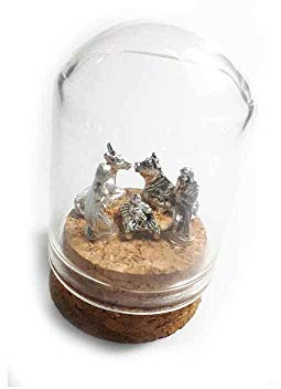 ricevi 1 Pezzo presepe Completo in Campana Miniatura Vetro Alta 5cm Diametro 3,5 cm Base Sughero con nativita' Metallo 1,5 cm Maria Giuseppe gesu' Asino Bue statuine presepe + Portachiavi
