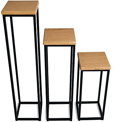 1 BestLoft Blumensäule Dora aus Eiche - Dekosäule im schlanken Design + Stahlgestell (Gestell Schwarz, 3er Set (50 + 70 + 90))