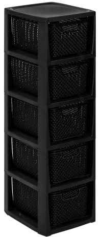 BranQ - Home essential Regal in Rattan Design, BPA-freie Kunststoff PP, Schwarz, 29,5 x 24 x 80 cm, 5 Körben