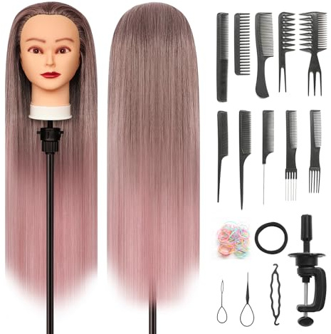 Träningshuvud, 28 inch Frisörsträningshuvud 100% syntetisk fiber hår styling huvud, träningshuvud frisör huvud med gratis klämma och DIY flätning set (Rosa)