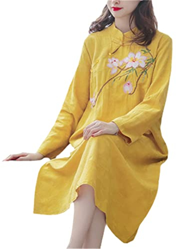 Cotton Linen Long Sleeve Stand Collar Chinese Vintage Flower Embroidery Midi Dress Women Loose Cheongsam Qipao YELLOW XL