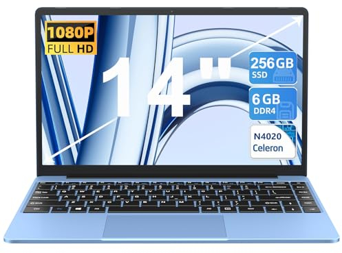 AOCWEI Laptop Celeron N4020 Up to 2.8Ghz, Laptops 14 Inch Win 11 Con 5G WiFi 6+256GB SSD Erweiterung 1TB, BT 4.2 1920 * 1080 FHD Mini Multimedia Anschluss, Notebook with Deutscher Keyboardfilm-Blue