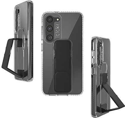 CLCKR Phone Case Compatible with Samsung Galaxy S23 | 6.1 Inch Clear Black Design | Ultra-Thin Phone Case with Grip & Expanding Stand | Shockproof Cover with Raised Edges for Screen Protection