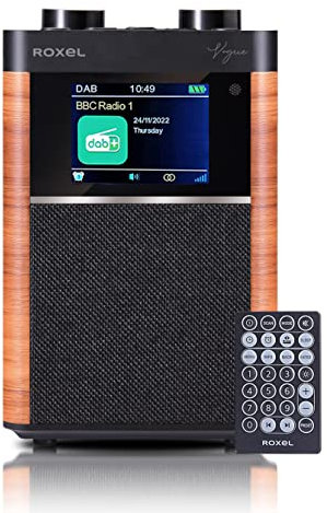Roxel Vogue Portable DAB/DAB+ FM Radio & Wireless Speaker with Clear Sound, Alarm Snooze Function, Remote Control, USB, LCD Screen, Carrying Strap, 80 Radio Presets, Rechargeable Battery (Walnut)