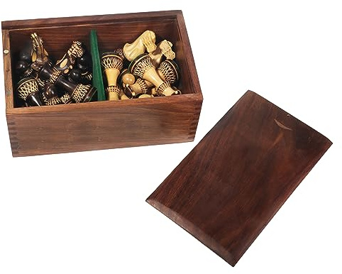 Handcarved Wooden Weighted Chess Set in Burnt Boxwood - 34 Unique Chess Pieces - Storage Box - Chess Set (with Storage Box, King 3.8)