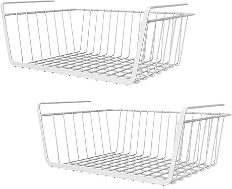 Herfair Hängekorb Regal 2 Stück Regaleinhängekorb Metall Unterregal Aufbewahrungskorb Hängekorb Regal Unter Schrank für Küche Büro Schrank Badezimmer (White)