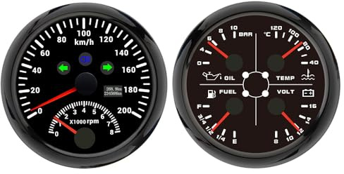 ELING 85 mm 2-in-1 GPS-Tachometer 200 km/h Kilometerzähler mit Drehzahlmesser Motordrehzahlmesser mit 4-in-1 Multifunktions Kraftstoffstand 10 Bar