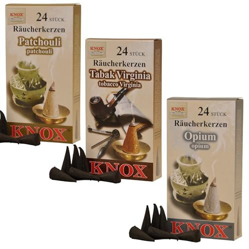 Knox XL Sparpack Räucherkerzen Patchouli+Tabak Virginia+Opium Größe M/Ihalt pri Packung 24 Räucherkegel Duftkegel