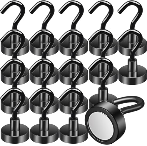 MIN CI 18 Stück Magnethaken Extra Stark, 20mm Magnet mit Haken Magnetische Haken, Neodym Magnete Extra Stark Schwarz Magnethalterung Rund Magnet Küchenhaken für Camping Garage Küche Büro