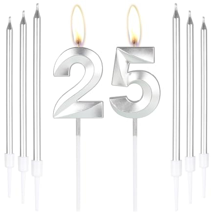 mciskin Silver 25 Birthday Candles-3D Number 25 Candle for Cake with 6pcs Long/Thin Candles Set,Silver Cake Topper for Girl Boy 25th Birthday Decorations Supplies,25th Wedding Anniversary Decorations
