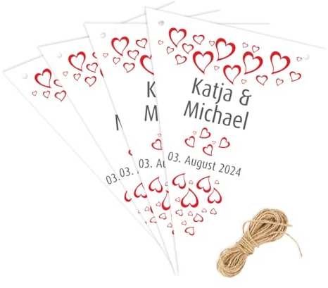 Herz & Heim® Wimpelkette zur Hochzeit oder dem Polterabend, personalisiert (Rote Herzen)