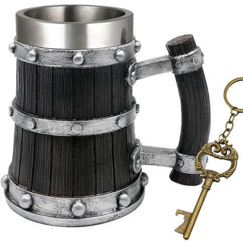 Medieval Viking Wood Beer-Tankard Mug - 21oz Norse Stainless Steel Cup Viking Gifts Coffee/Beer Mug for Men Nordic Decor