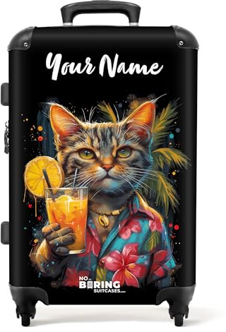 NoBoringSuitcases.com Reisekoffer Personalisiert, Hartschalenkoffer Groß mit Rollen, TSA, Suitcase, Koffer Mittelgroß (Katze - Tropisch, 67 cm - 72 L)