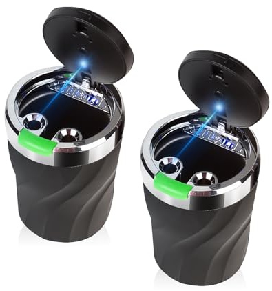 Aschenbecher Auto, 2 Stücke Auto Aschenbeche rmit Deckel & Automatisches LED Licht, Versiegelt, Flammhemmend, Abnehmbar, Draussen, Großem Fassungsvermögen, für Autos Van Outdoors Camping (Grün 2pcs)