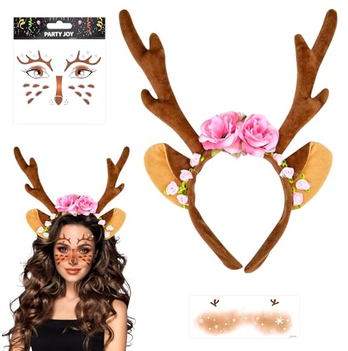 Pipihome Reh Haarreif Reh Kostüm Damen Erwachsene Faschingskostüme damen Reh Geweih Haarreif Ohren Rentier mit Blumen, Reh Gesichtstattoo, Cosplay Party Reh Kostüm Zubehör