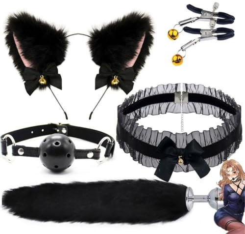 Fox Spitze Cosplay Set, perfekt reproduzierende Charakter Stil, Satz von 5-teiligen, schwarzer Spitze Stoff, Fuchs Form, eine Größe, wesentlicher Artikel für Cosplay Aktivitäten, originelles Geschenk