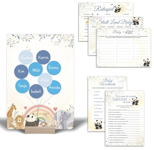 Babyshower Spiele Set 55PCS, Gästebuch Babyparty, Babyparty Spiele Karten zum Ausfüllen, Gender Reveal Party Fingerabdruck Baum, Babyparty Deko Junge mädchen, für Babyparty, Gender Reveal Feier