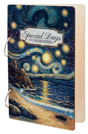 SUPERDANT Wooden 2-Ring Loose Leaf Binder Card Holder Special Days to Remember Greeting Card Organizer Postcard Photo Album 24x16cm/9.4x6.3in Blue and Black Beach Memories