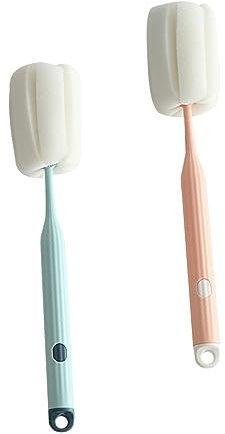 COLLBATH Cup Cleaning Brush and Bottle Brush with Sponge Head Long Handle Milk Bottle Cleaner for Kettles Tumblers and 2pcs Set in Light Blue and Pink for Household Cleaning