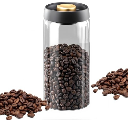 Kaffeedose luftdicht für 1kg Kaffeebohnen mit Vakuumdeckel (Behälter für Kaffee, Tee, Edelstahl Dose zur Aufbewahrung mit Aromaverschluss, Vorratsdose für ca.1000g Kaffee) Schwarz Matt&Glass (1200 ml)