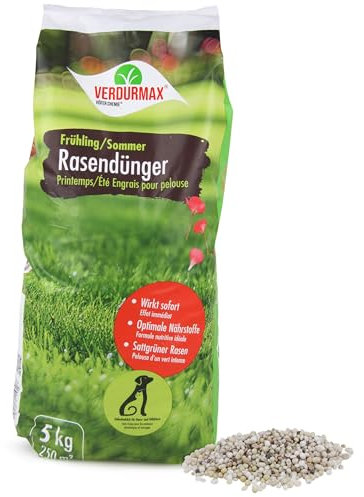 Verdurmax 5 kg Rasendünger Frühling & Sommer - Langzeit Rasendünger mit Stickstoff für 250m² saftig grünen Rasen - Hundeverträglich & tierfreundlich - Für Streuwagen geeignet
