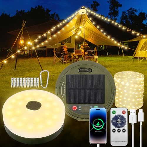 10m Retractable Solar Camping String Lights,USB Rechargeable,1800mAh Battery,8 Lighting Modes,IP44 SplashProof , Stowable Portable for Camping,Tents,RV,Garden (Warm White/Solar and Usb Charge)