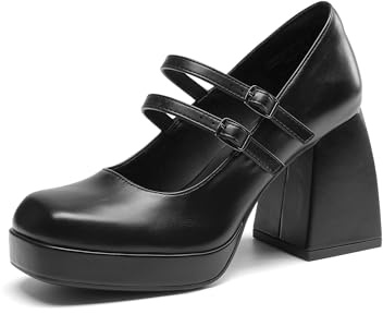 DREAM PAIRS Mary Jane - Escarpins à talons hauts et bout fermé - Bout carré - Double sangle - Pour femme, Polyuréthane noir., 42 EU