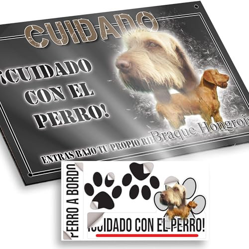 Vizsla Cartel Cuidado con el Perro 20x12,5cm - Diseño Antracita en Dibond con Pegatina Coche 20x5cm - En Español