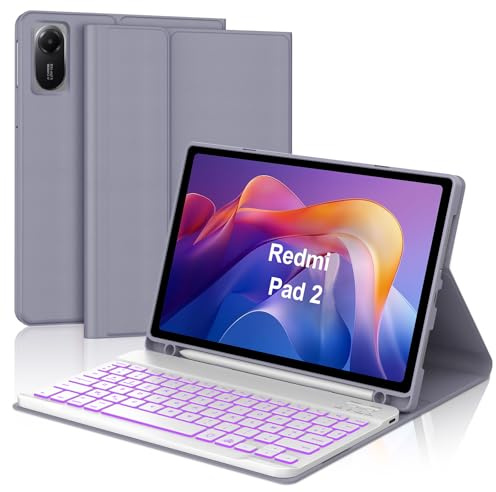 SENGBIRCH Coque Clavier pour Xiaomi Redmi Pad 2 11 2025 - AZERTY Français Clavier Rétroéclairé 7 Couleur Détachable sans Fil Bluetooth pour Xiaomi Redmi Pad 2 11 Pouces 2025, Violet Lavande