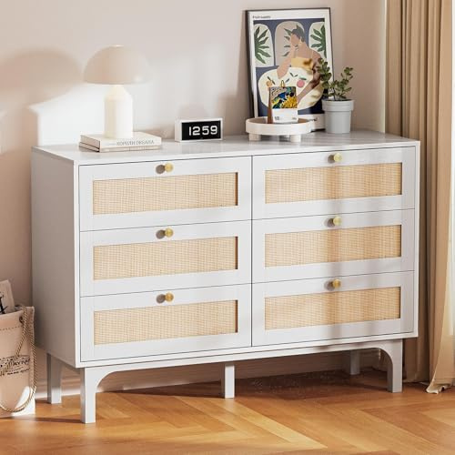LEADZM Rattan Kommode Schlafzimmer mit 6 Geräumige Schubladen, Weiß | Kommode für Wohnzimmer, Schlafzimmer, Flur, 120 x 40 x 85 cm